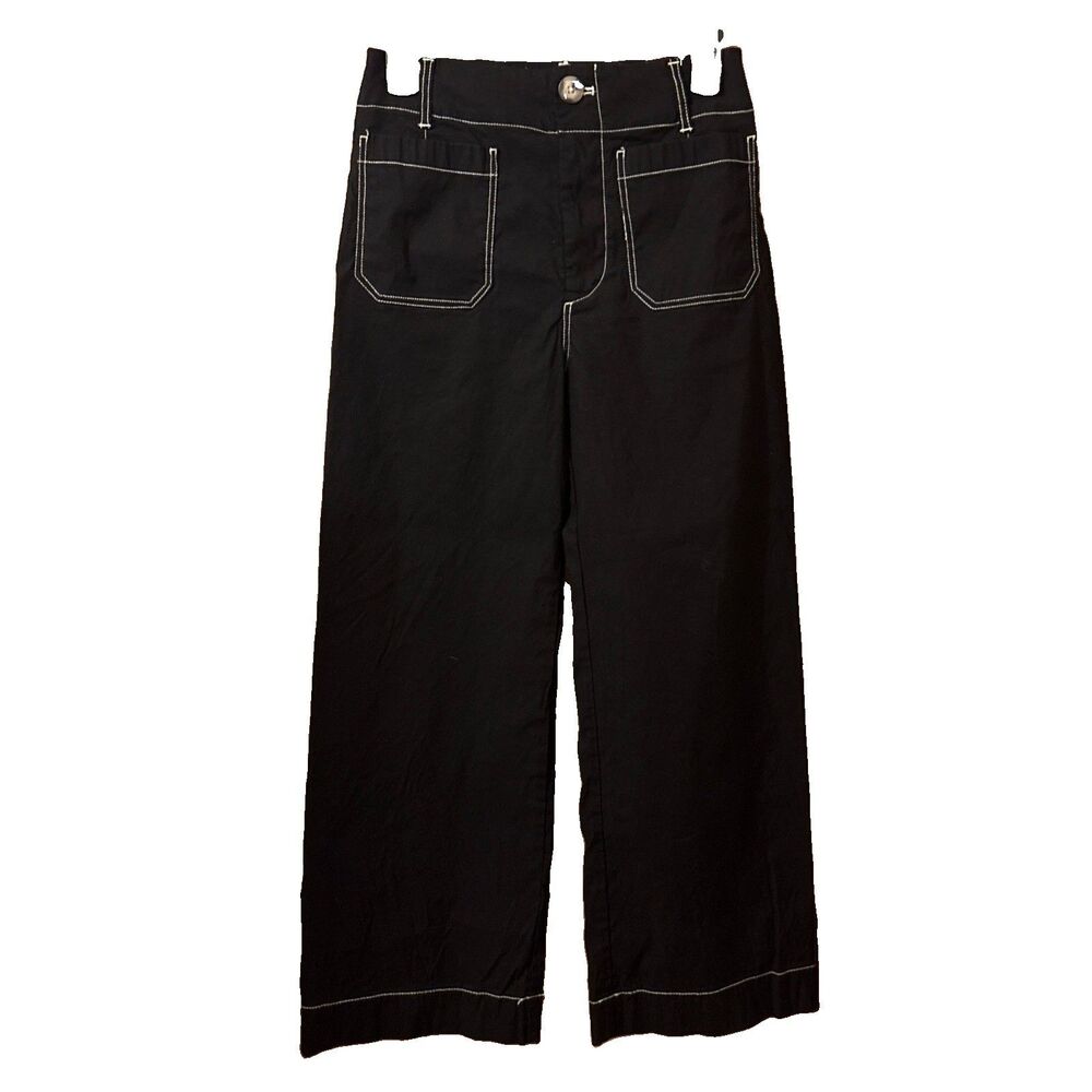 Women’s Maeve The Colette Black Pants White Stitching Wide Leg Size 26